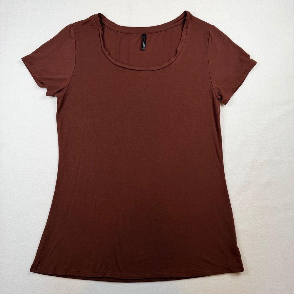 JW Women Brown Siro Rayon Spandex Scoop Neck Short Sleeve T-Shirt Size L